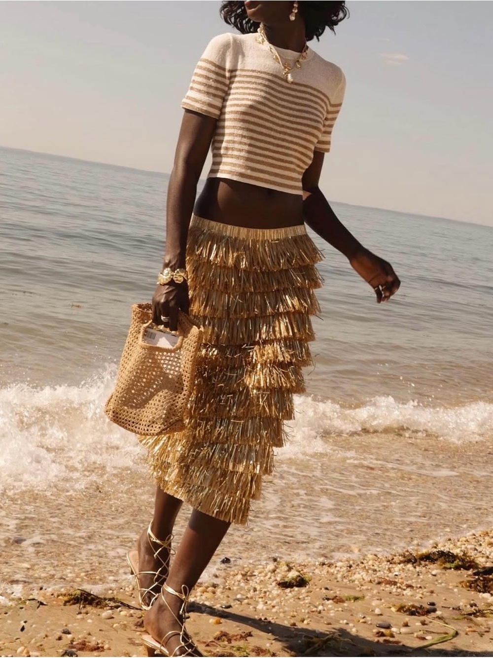 NWT J.Crew Collection July 2024 Gold Fringe Tiered Party Midi Skirt Size 2